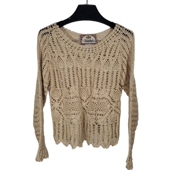 Tiara Crochet Open-Knit Top Beige L/S Granny Coastal Boho Hippie Cottagecore - Picture 1 of 4